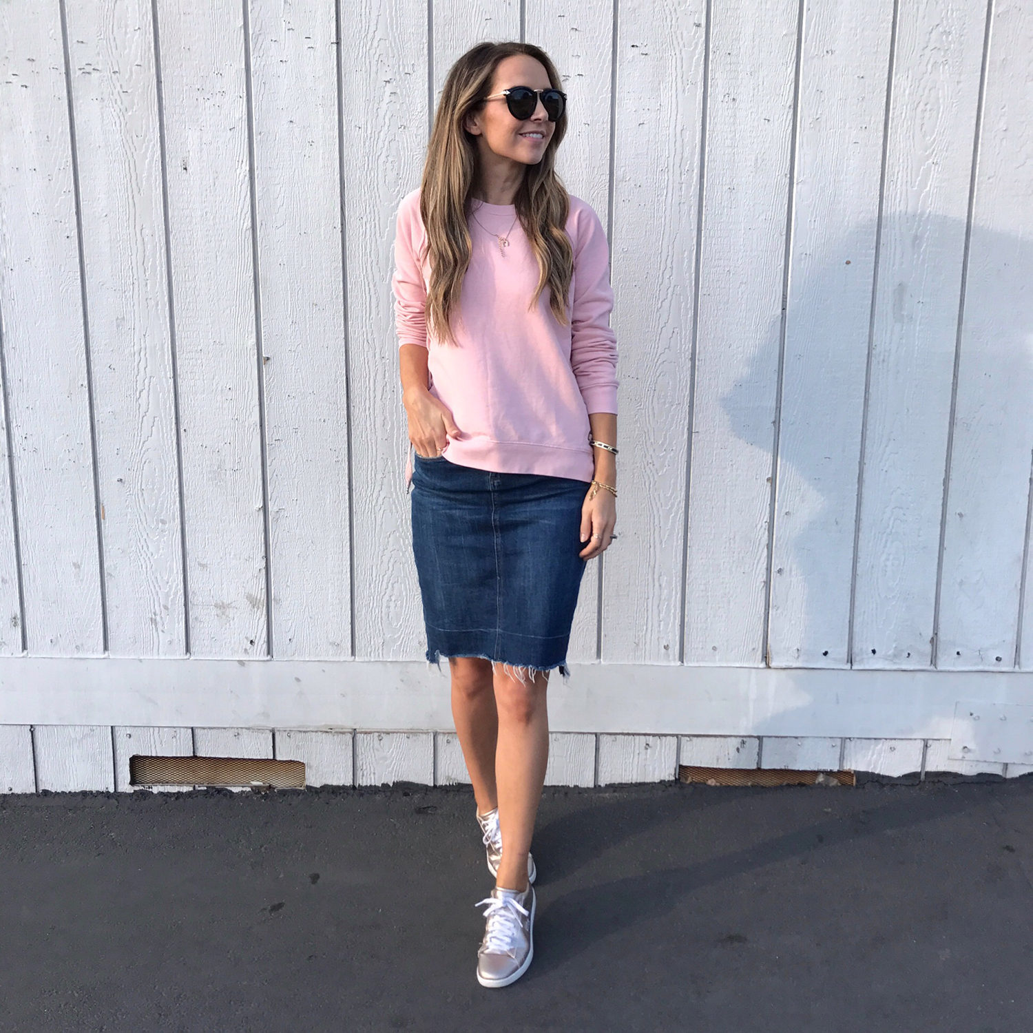 merricksat.com | pink lace-up sweater and denim skirt