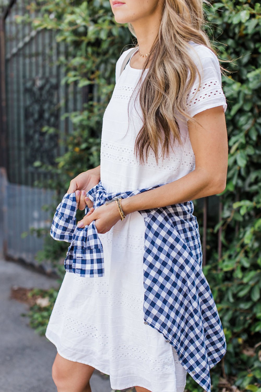 merricksat.com | white dress and blue gingham shirt