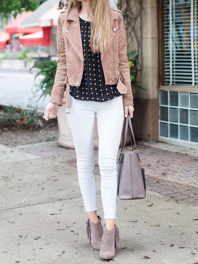 white jeans and suede jacket | merricksat.com