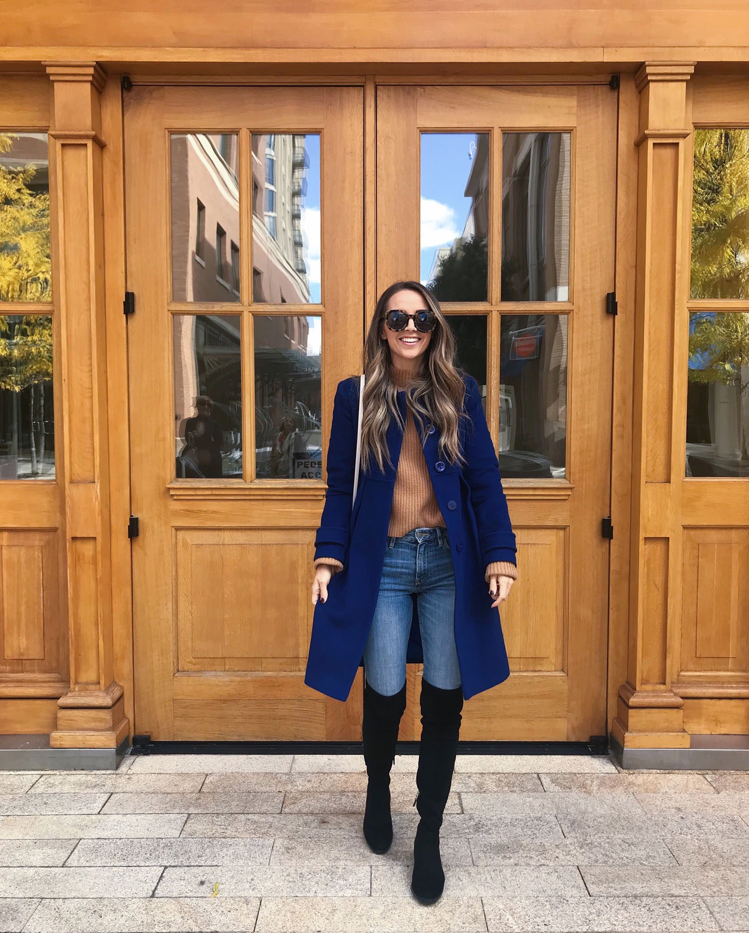 Layering shirts - how to layer blue coat and over the knee boots | merricksat.com