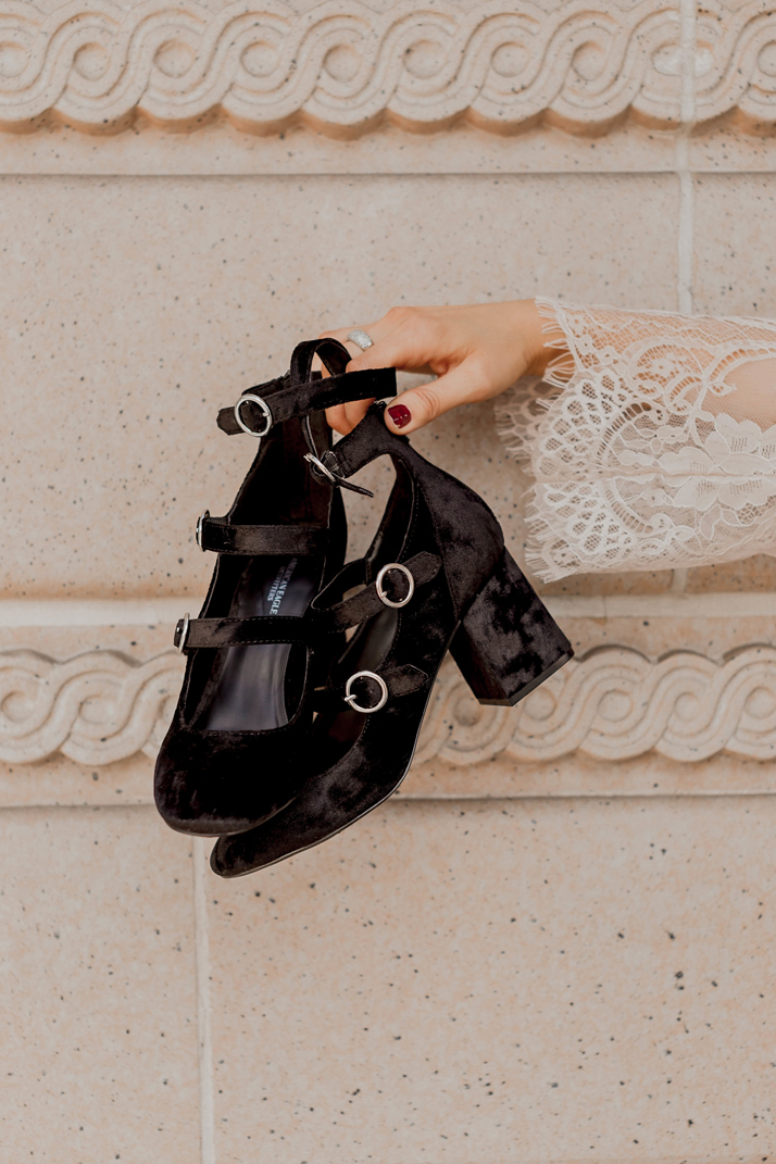 strappy black velvet block heel shoes