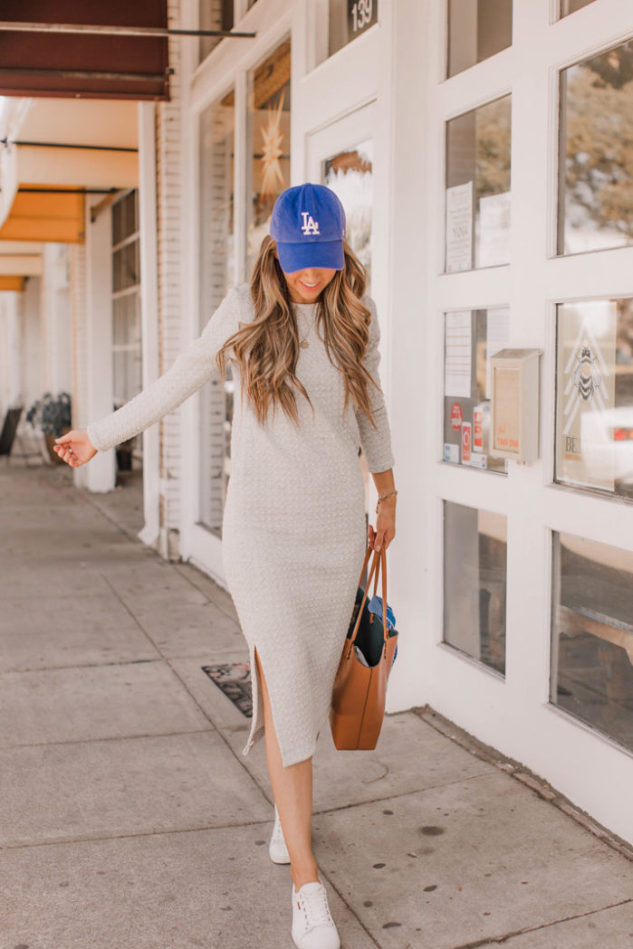 white sneakers gray sweatshirt dress