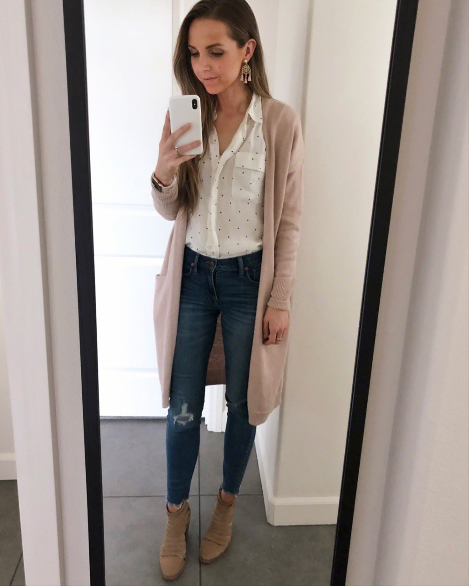 white blouse and blush cardigan | merricksat.com