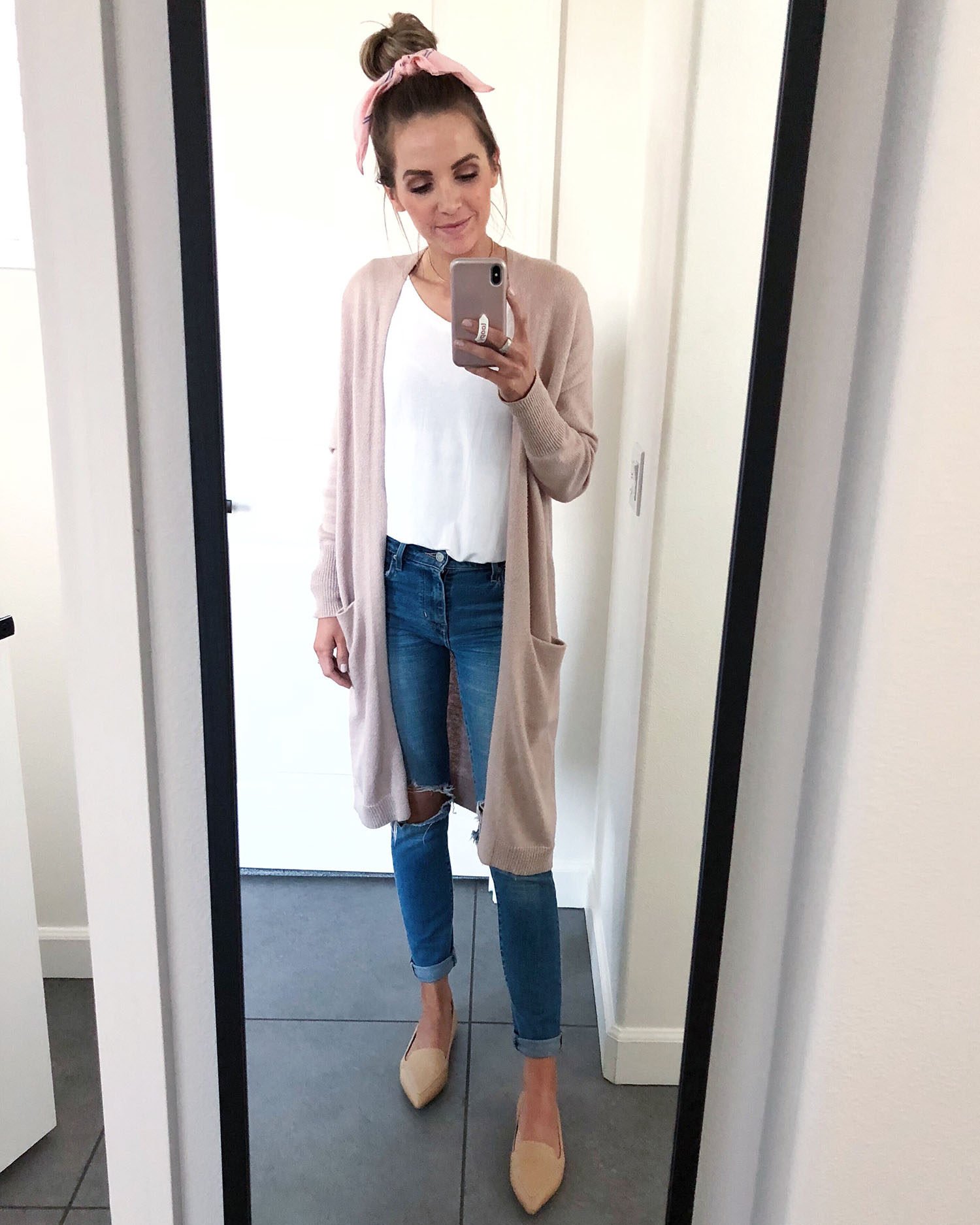 white tee and cardigan