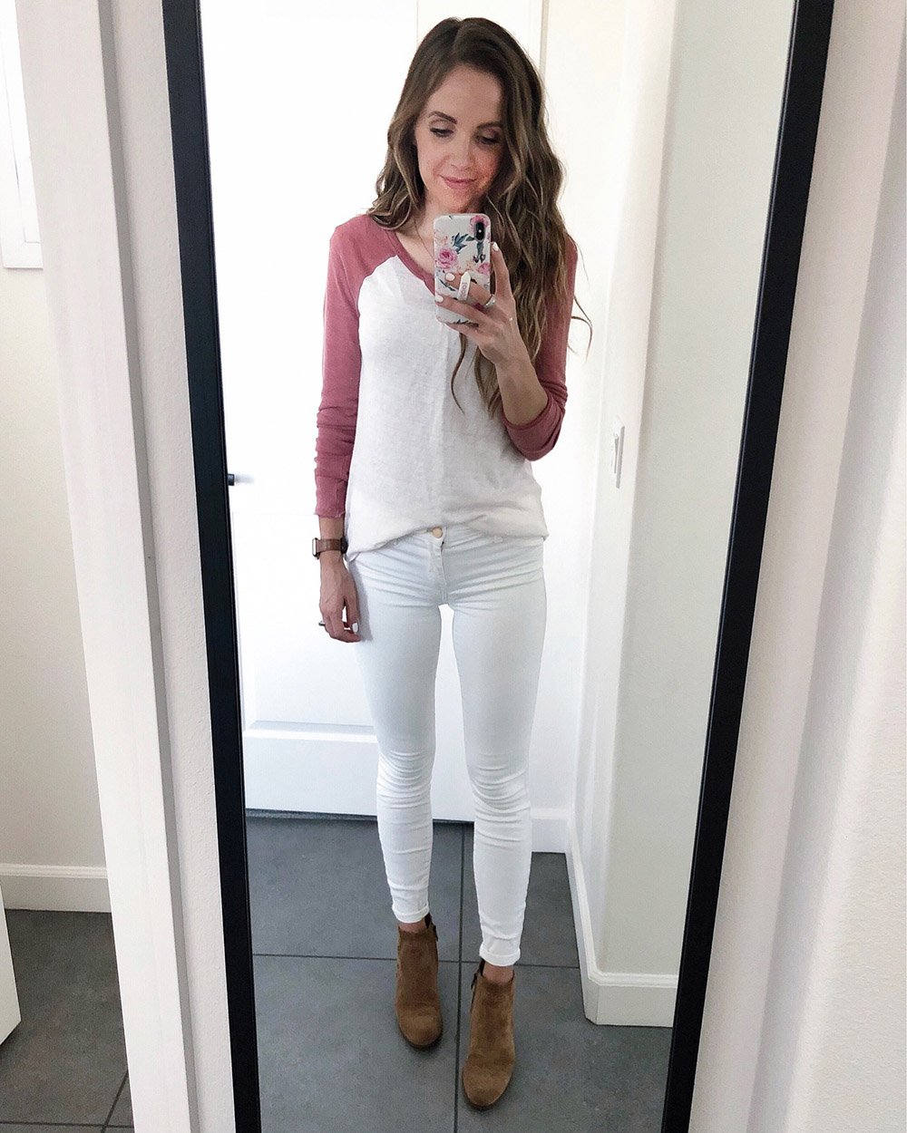 baseball tee and white jeans
