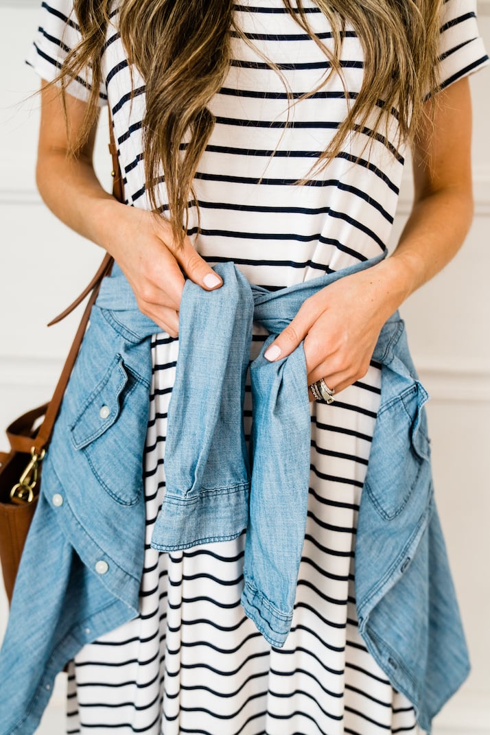 a detail of the merrick white striped dress