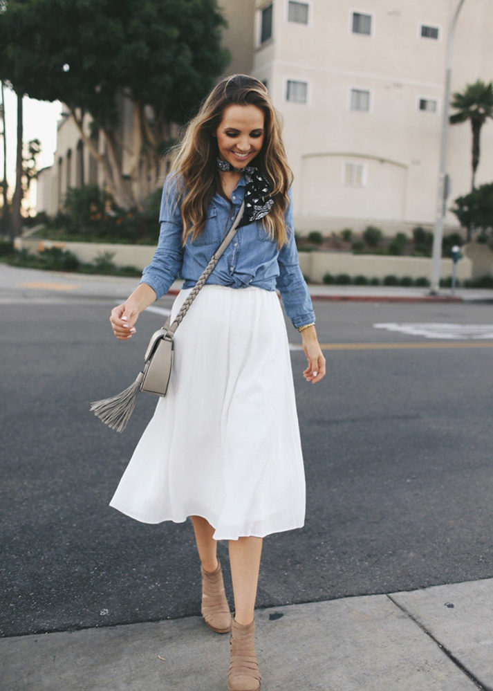 merricksart white skirt with chambray button down shirt and scarf