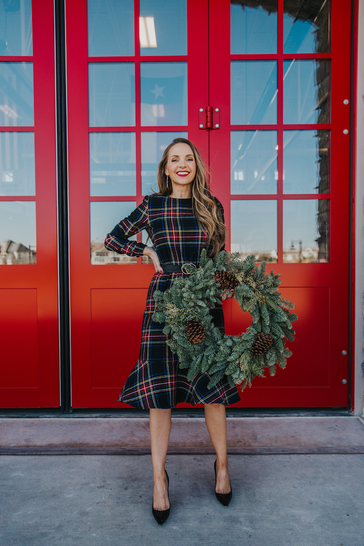 plaid dress with wreath and red doors