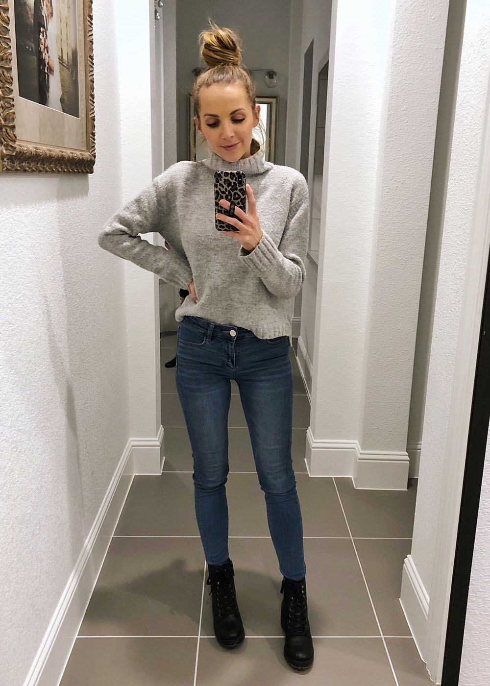 Gray turtleneck and jeans