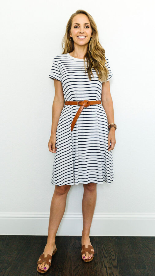 striped Merrick White dress with leather belt