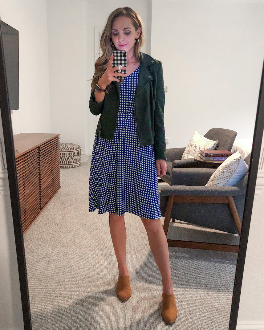 suede jacket with gingham dress