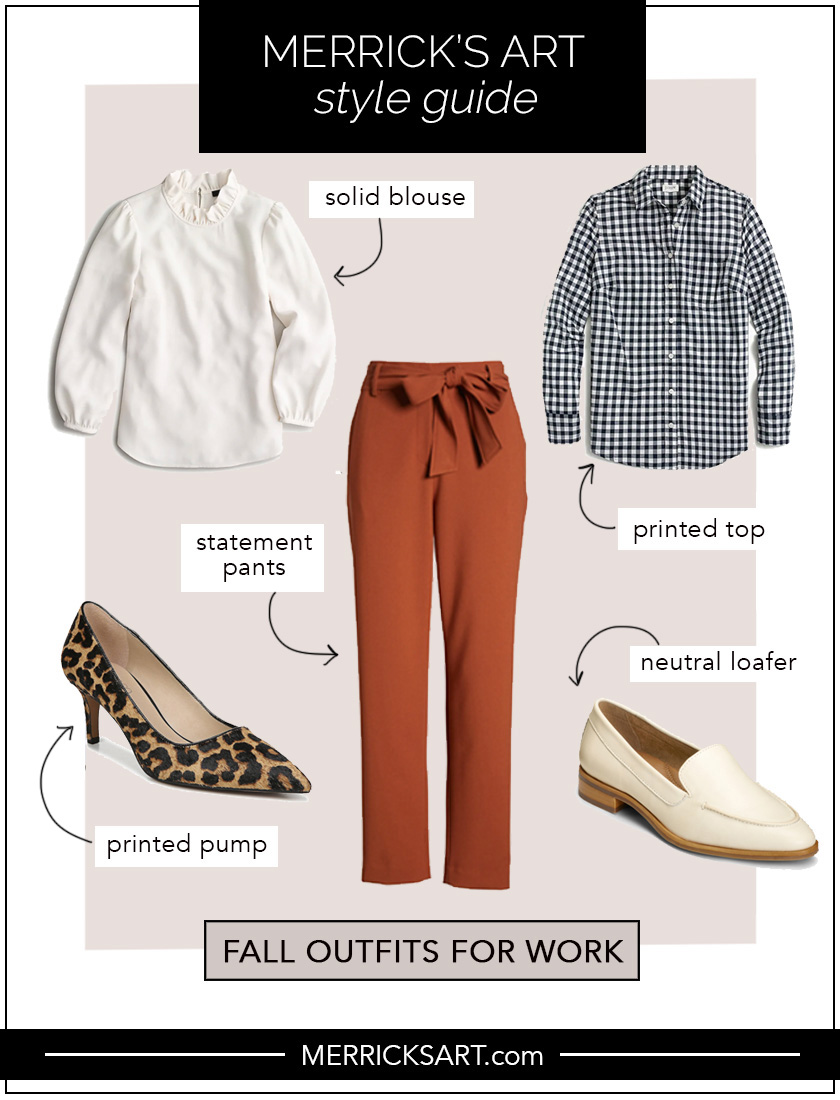 collage of outfits for work with copper pants