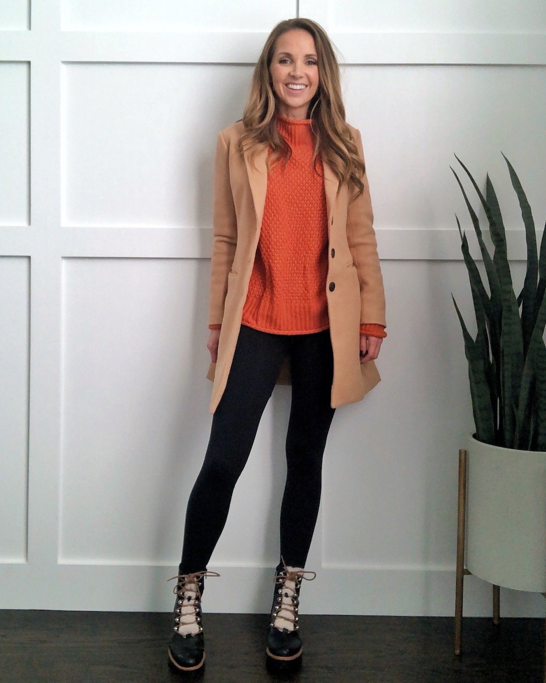 camel coat with leggings and sweater