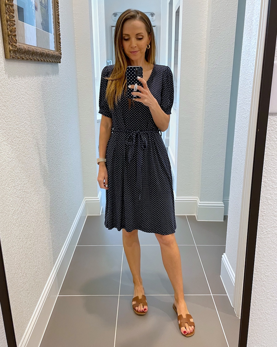 navy polka dot dress with sandals