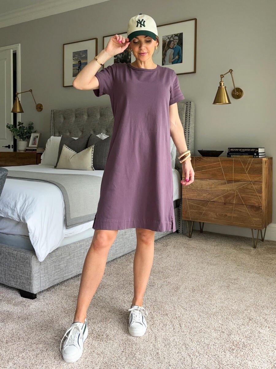 American Giant tshirt dress, sneakers, aritzia baseball cap