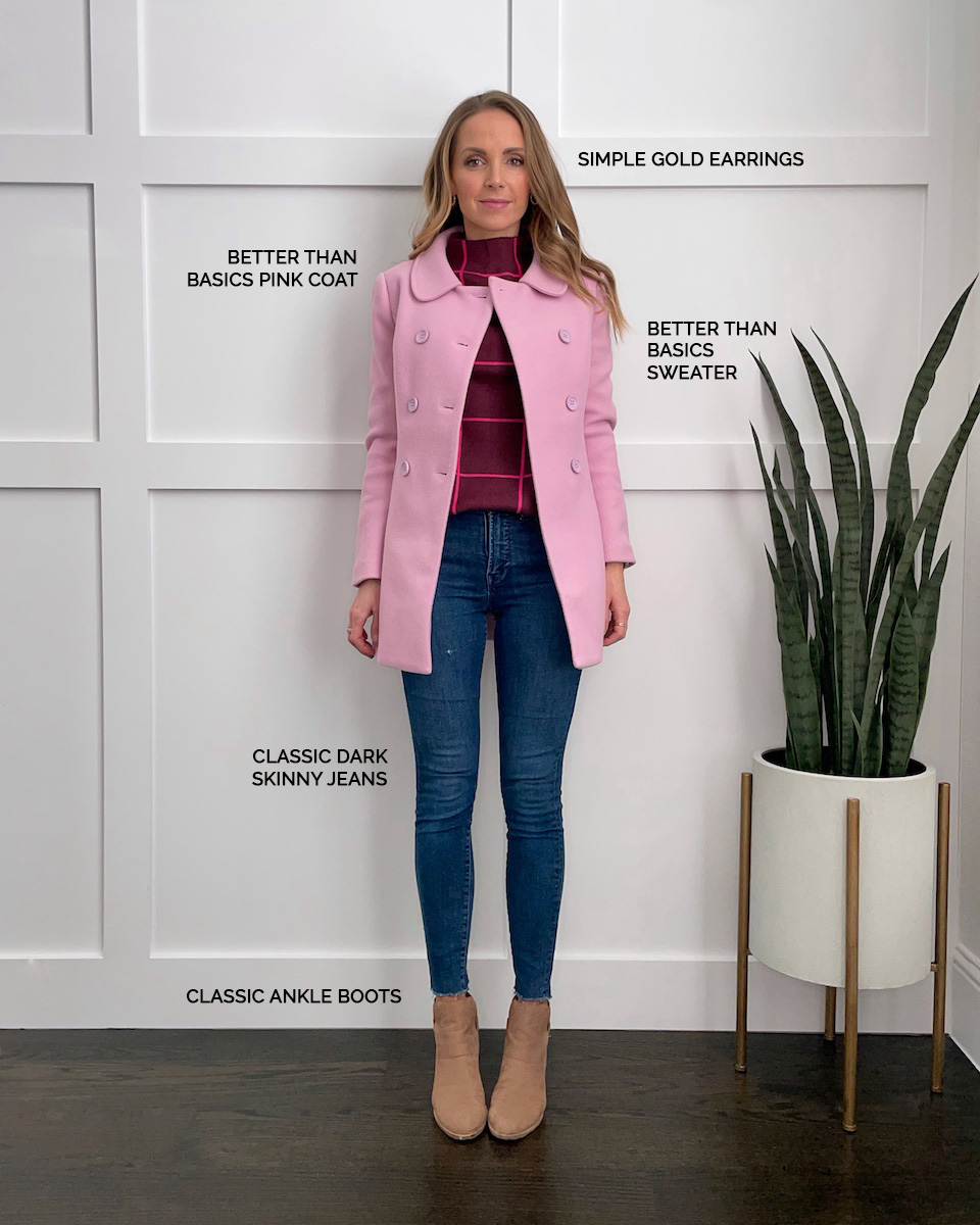 pink windowpane sweater and pink coat
