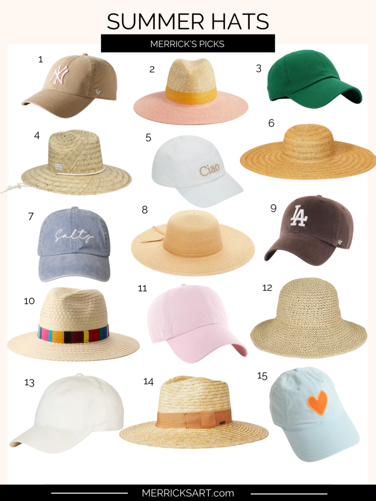 15 summer hats collage. baseball hats, straw hats, sun hats.