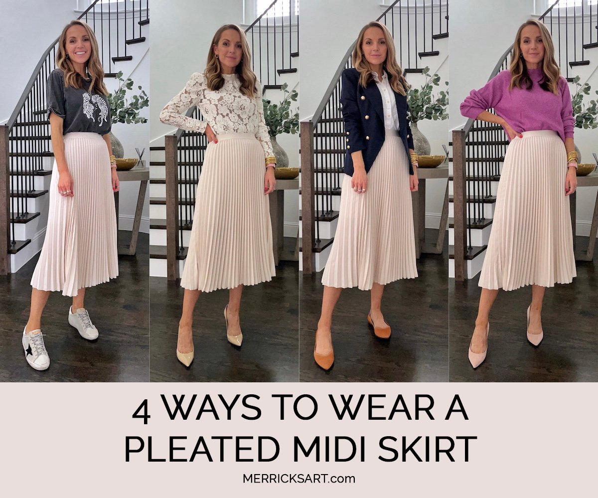4 ways to wear a pleated midi skirt