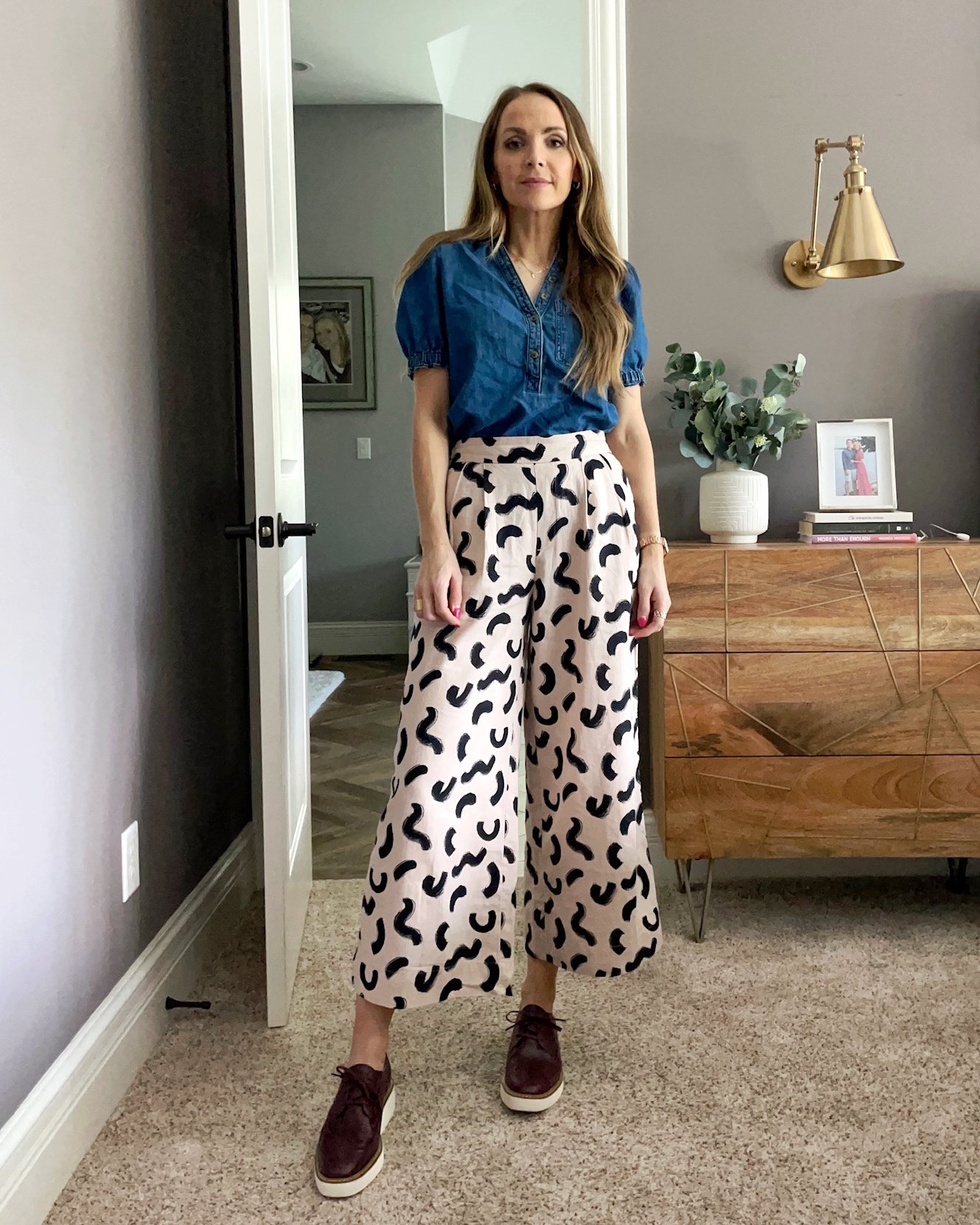 target printed pants anthro denim shirt