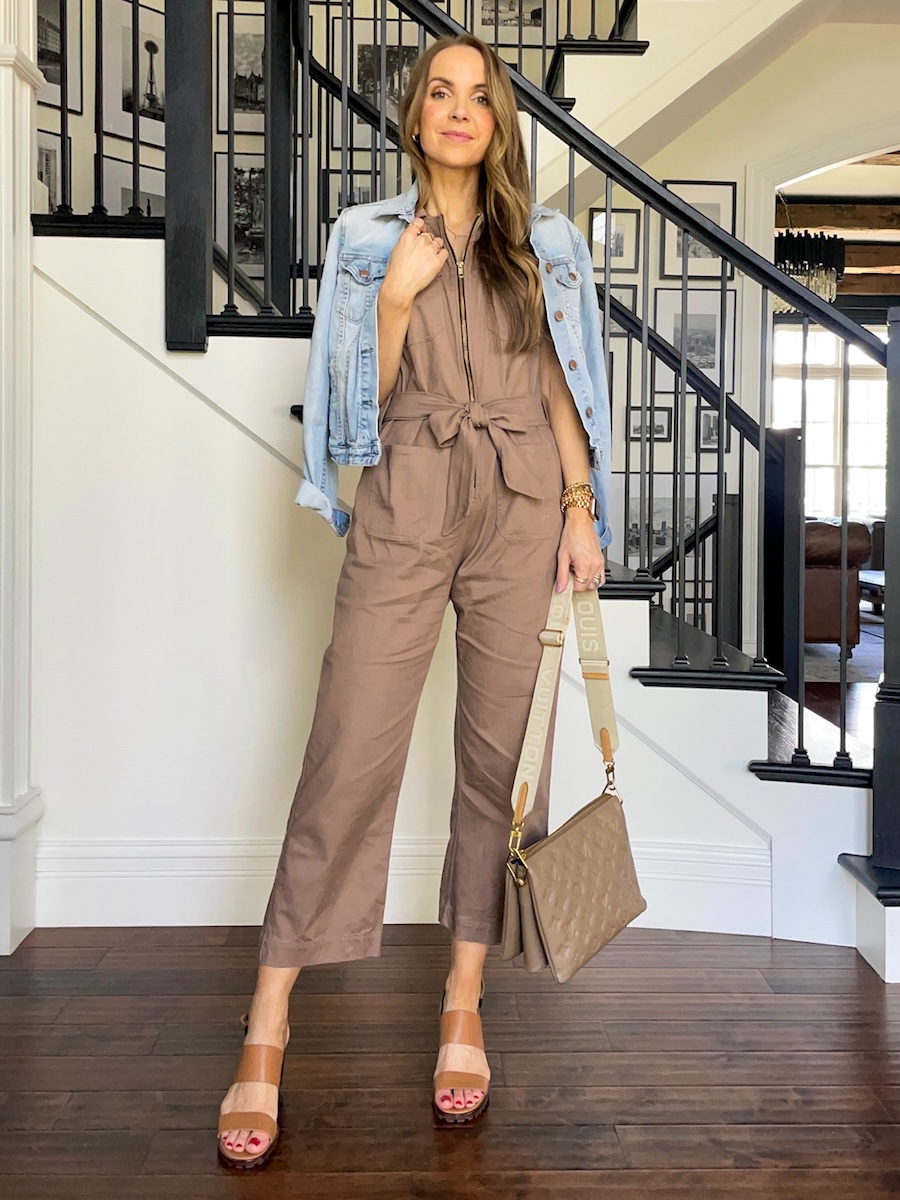 tan jumpsuit for date night merricksart