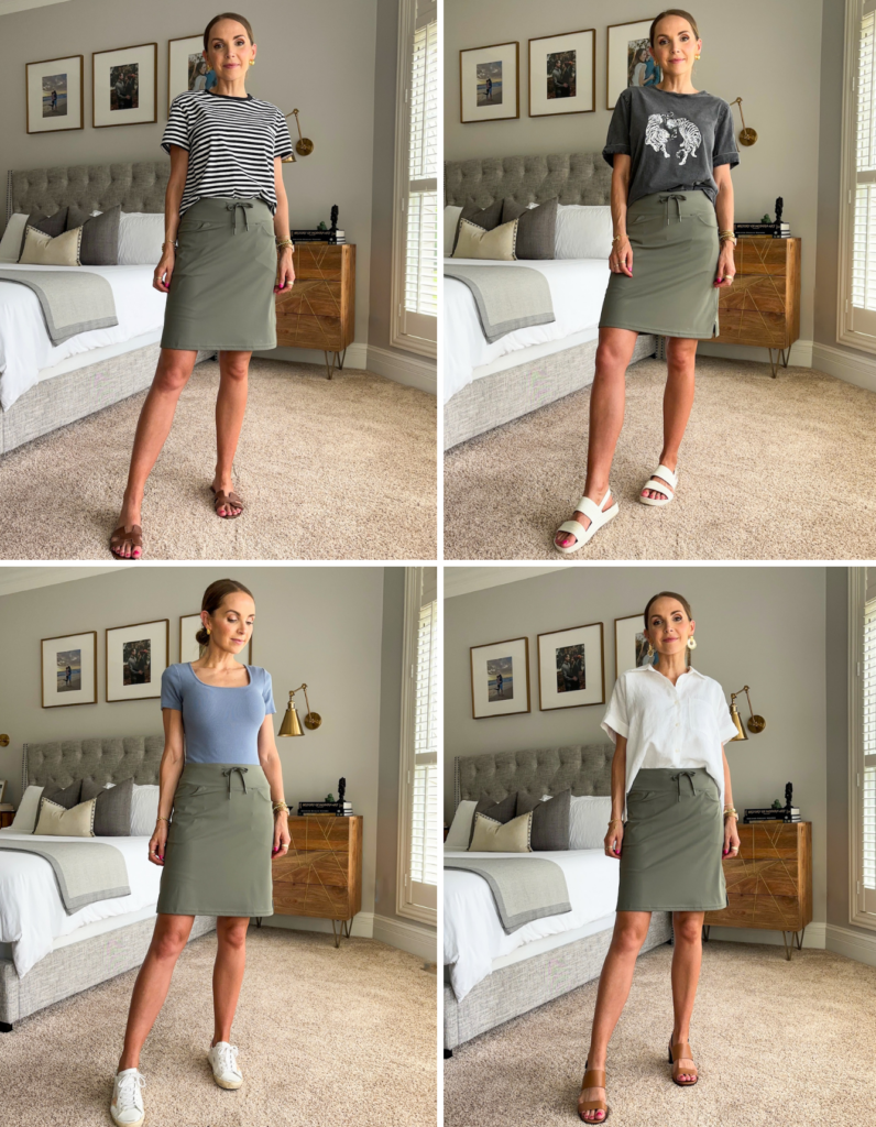 Merrick styling a green athletic skirt four ways for summer