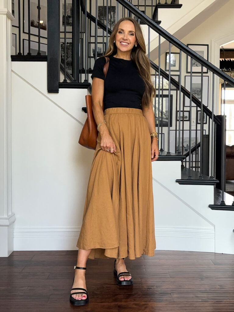 Target maxi skirt, target ribbed black tee, target black sandals