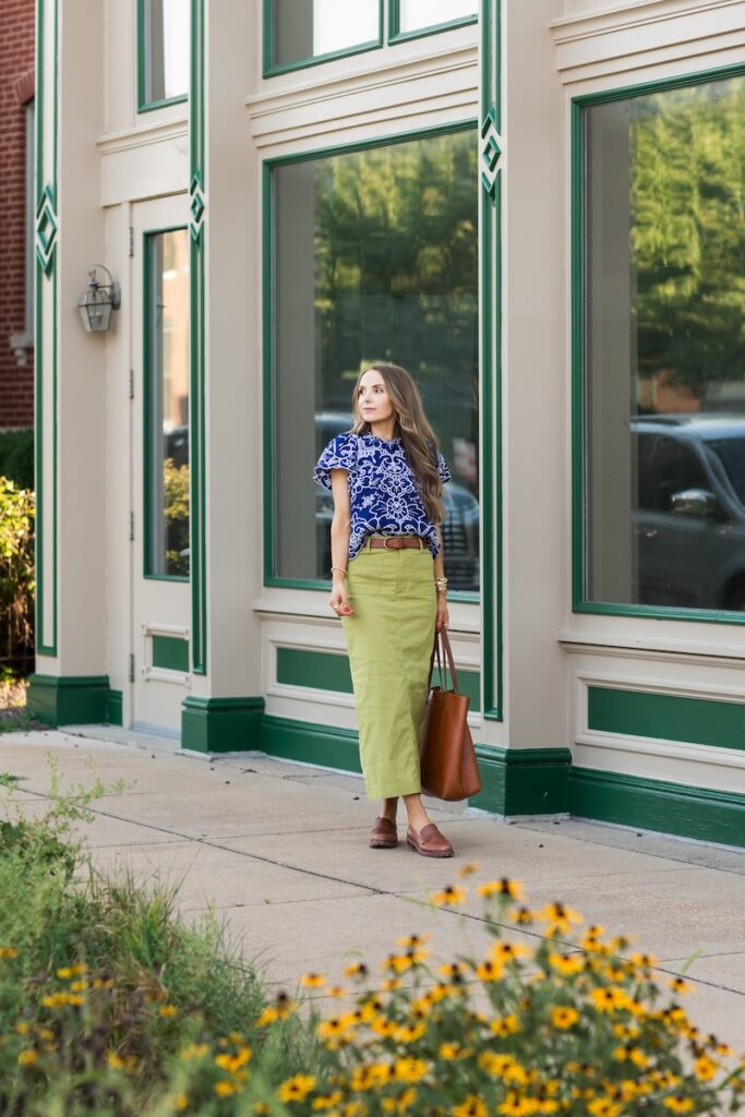 anthropologie green skirt with belt and lace top