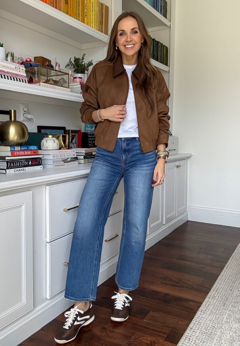 Suede barn coat bomber jacket, quince bella jeans, white tee, walmart sneakers