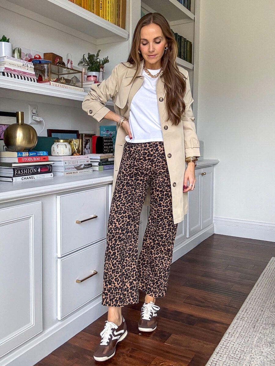 Anthro colette pants, white tee, walmart trench coat, walmart sneakers